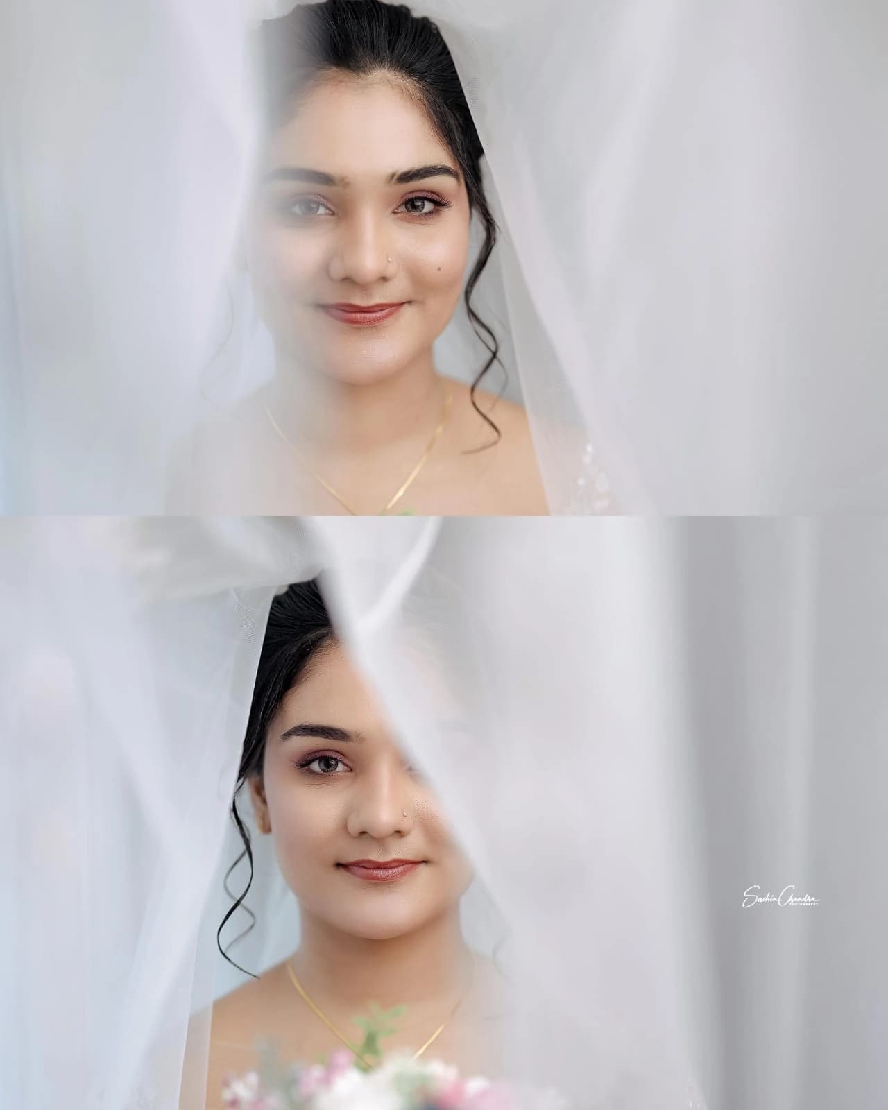 Smiling bride with natural makeup.